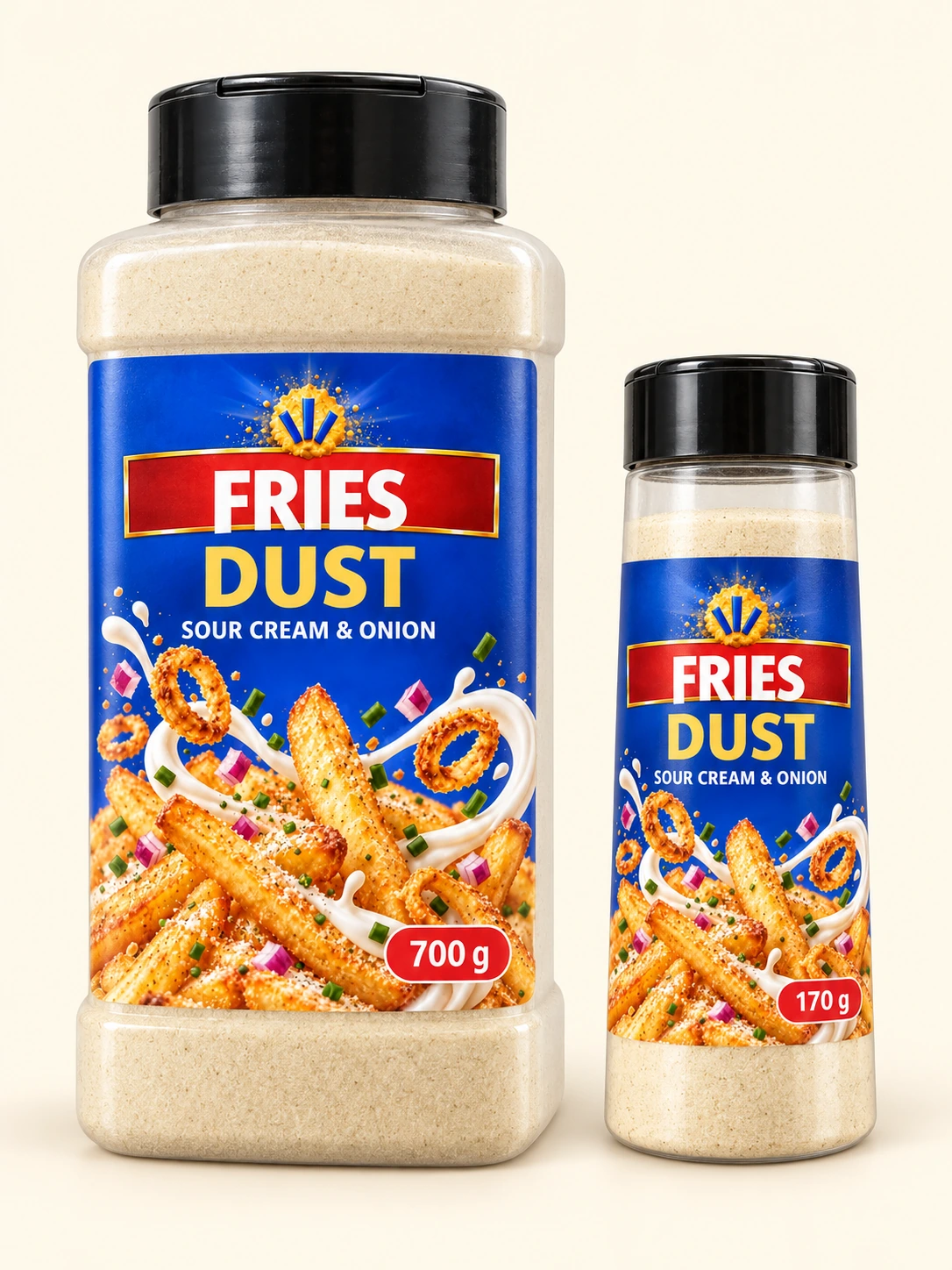 FRIES DUST 700 g ir 170 g pakuočių maketas su patvirtintomis etiketėmis